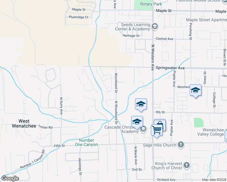 map of restaurants, bars, coffee shops, grocery stores, and more near 2010 Woodridge Street in Wenatchee
