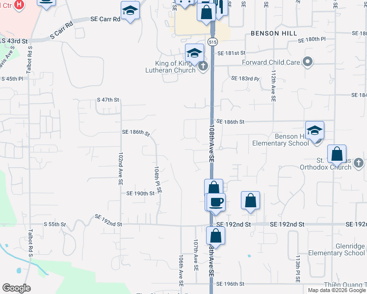 map of restaurants, bars, coffee shops, grocery stores, and more near 18701 107th Avenue Southeast in Renton