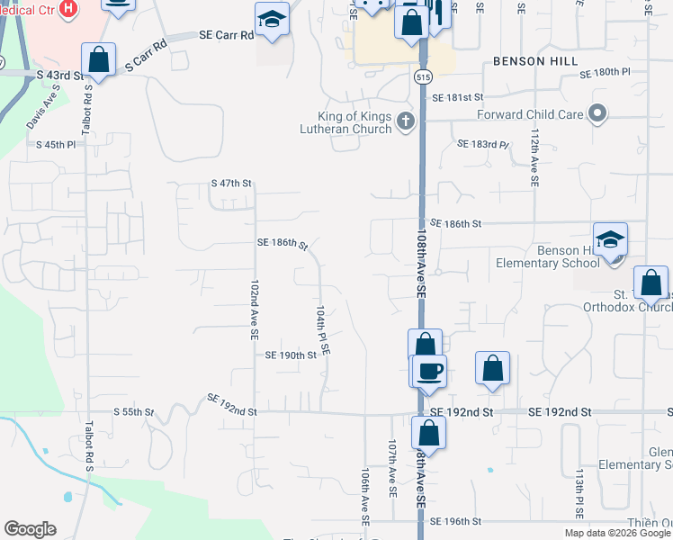 map of restaurants, bars, coffee shops, grocery stores, and more near 10420 Southeast 187th Place in Renton