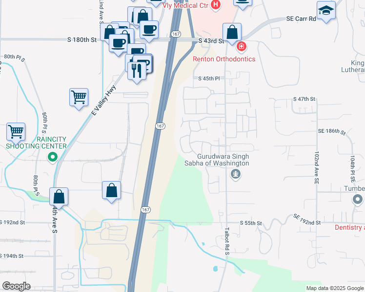 map of restaurants, bars, coffee shops, grocery stores, and more near 5007 Lake Place South in Renton