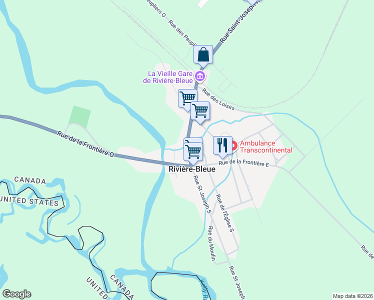 map of restaurants, bars, coffee shops, grocery stores, and more near 32 Rue Saint-Joseph Nord in Rivière-Bleue