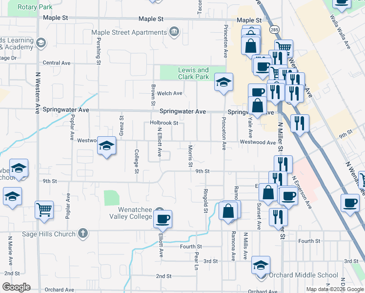 map of restaurants, bars, coffee shops, grocery stores, and more near 1308 Robinswood Court in Wenatchee