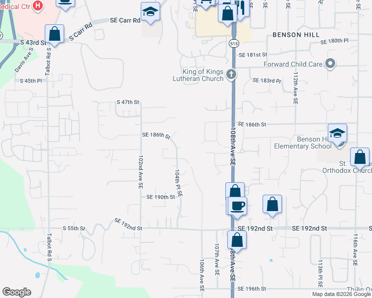 map of restaurants, bars, coffee shops, grocery stores, and more near 10420 Southeast 187th Place in Renton