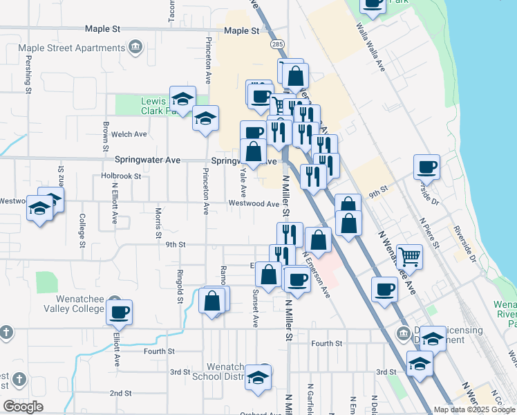map of restaurants, bars, coffee shops, grocery stores, and more near 928 Corbaley Place in Wenatchee