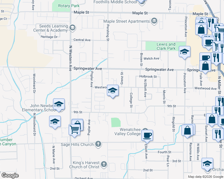 map of restaurants, bars, coffee shops, grocery stores, and more near 1529 Westwood Avenue in Wenatchee