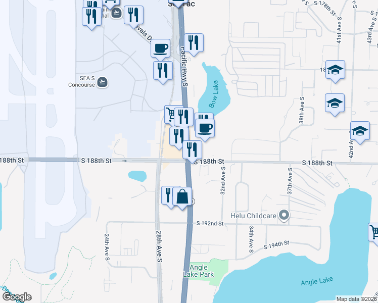 map of restaurants, bars, coffee shops, grocery stores, and more near 18740 Pacific Highway South in Seattle