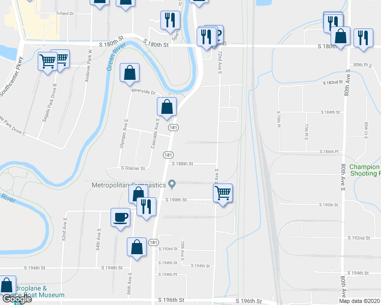 map of restaurants, bars, coffee shops, grocery stores, and more near 7010 South 188th Street in Kent