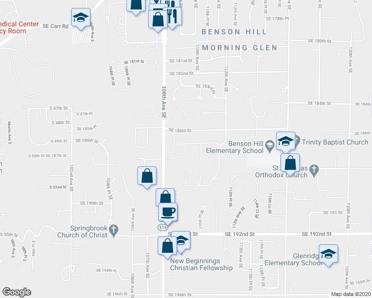 map of restaurants, bars, coffee shops, grocery stores, and more near 18741 109 Lane Southeast in Renton