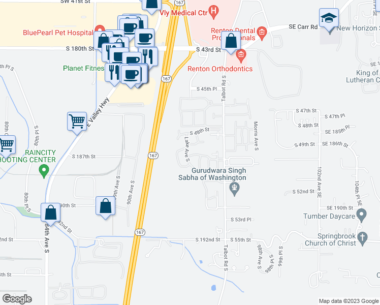 map of restaurants, bars, coffee shops, grocery stores, and more near 5012 Lake Avenue South in Renton