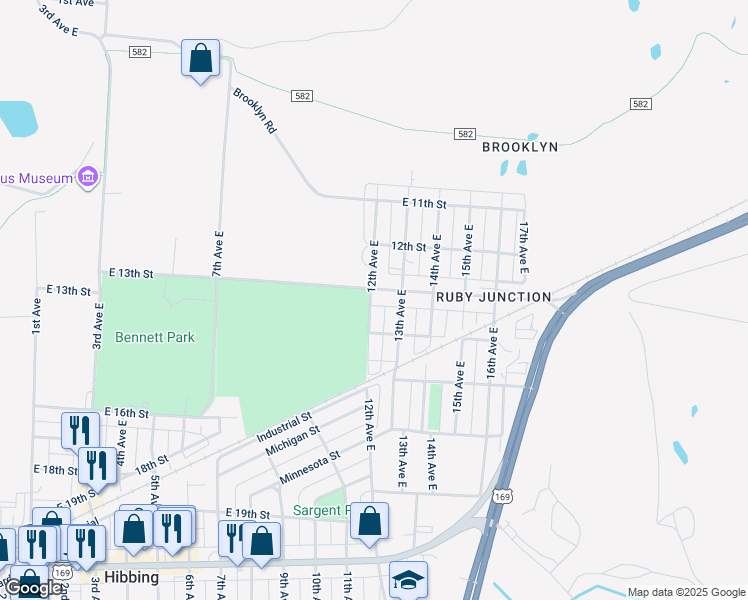 map of restaurants, bars, coffee shops, grocery stores, and more near 1202 East 14th Street in Hibbing