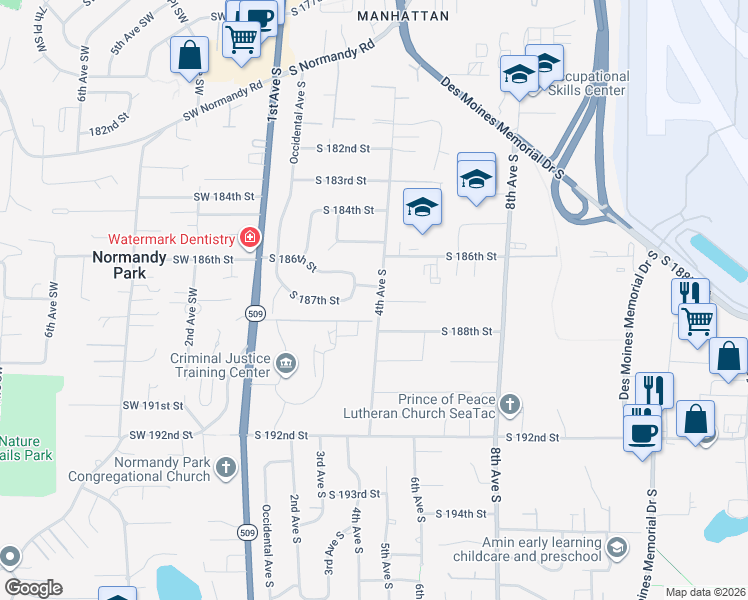 map of restaurants, bars, coffee shops, grocery stores, and more near 410 South 188th Street in Seattle
