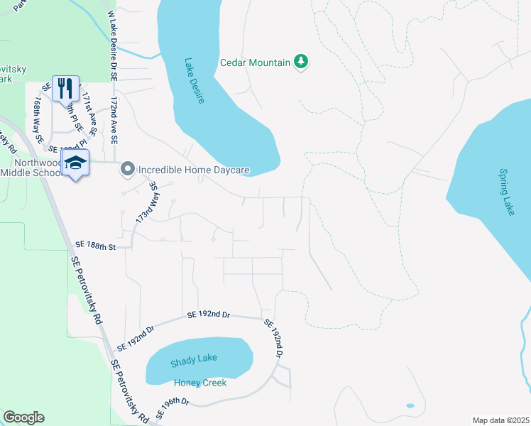 map of restaurants, bars, coffee shops, grocery stores, and more near 18554 West Lake Desire Drive Southeast in Renton