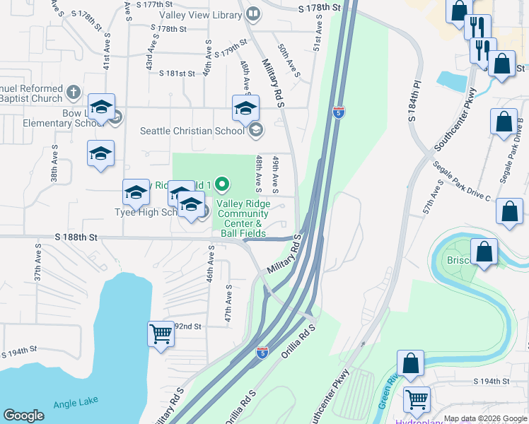 map of restaurants, bars, coffee shops, grocery stores, and more near 18615 48th Place South in SeaTac