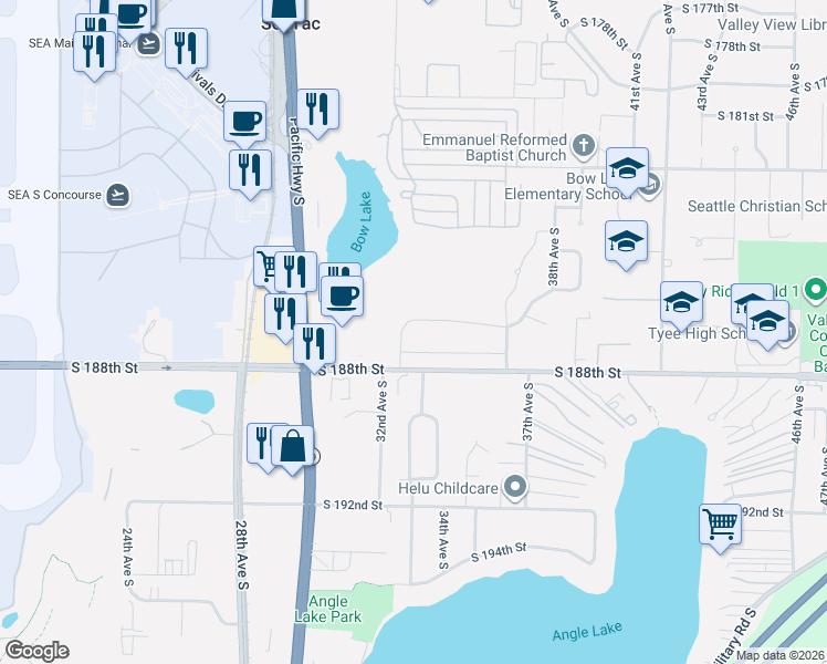 map of restaurants, bars, coffee shops, grocery stores, and more near 3202 South 186th Street in SeaTac
