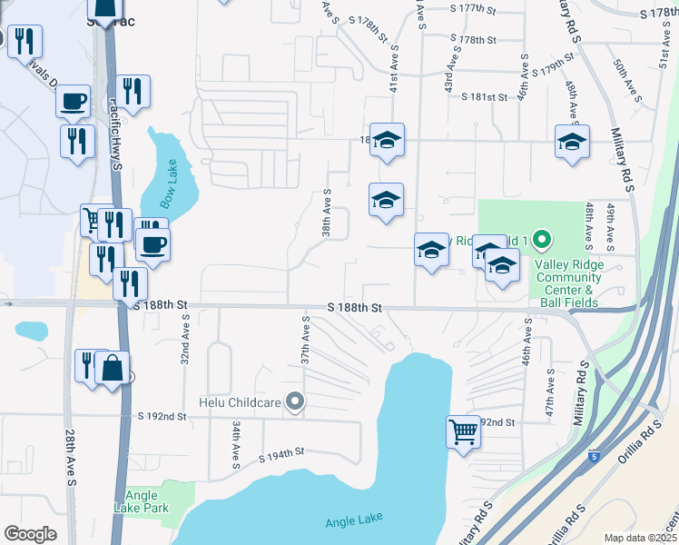 map of restaurants, bars, coffee shops, grocery stores, and more near 3632 South 186th Street in SeaTac