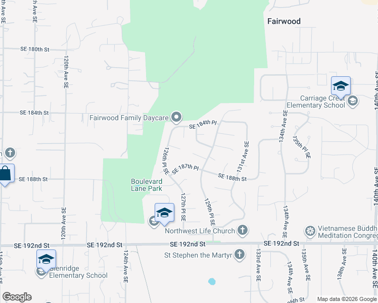 map of restaurants, bars, coffee shops, grocery stores, and more near 12804 Southeast 186th Place in Renton