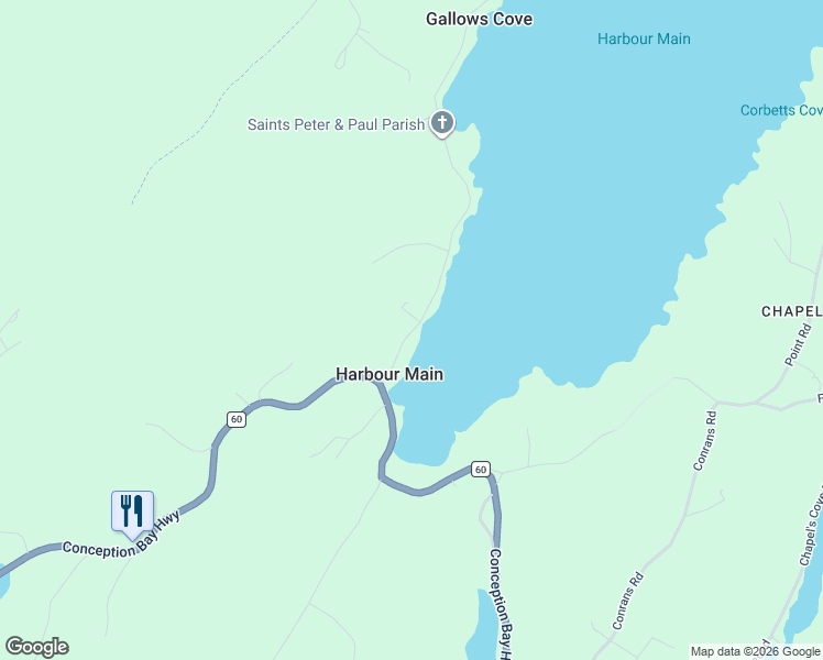 map of restaurants, bars, coffee shops, grocery stores, and more near 17 Harbour Drive in Conception Harbour
