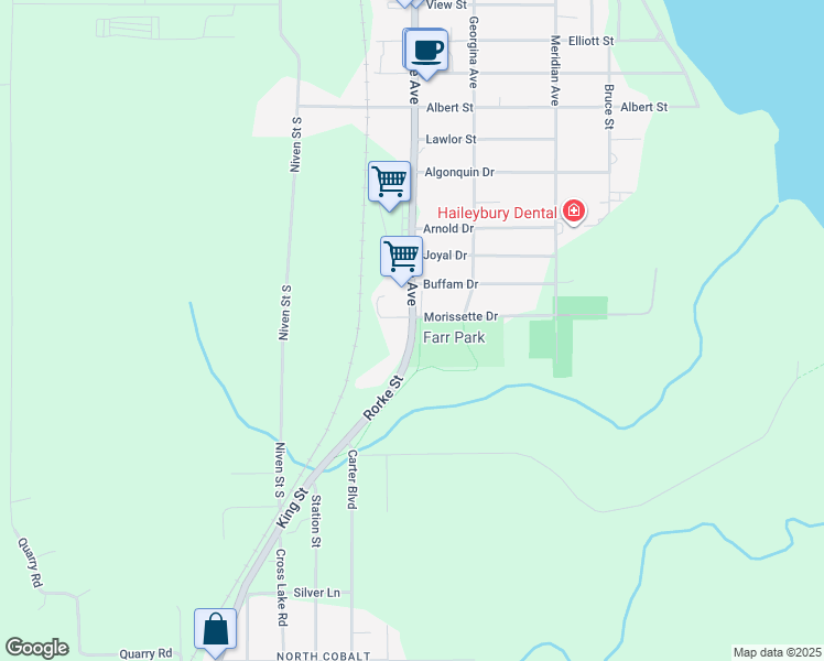 map of restaurants, bars, coffee shops, grocery stores, and more near Street Maple in Temiskaming Shores