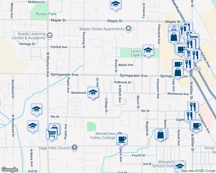 map of restaurants, bars, coffee shops, grocery stores, and more near 1014 Berg Avenue in Wenatchee