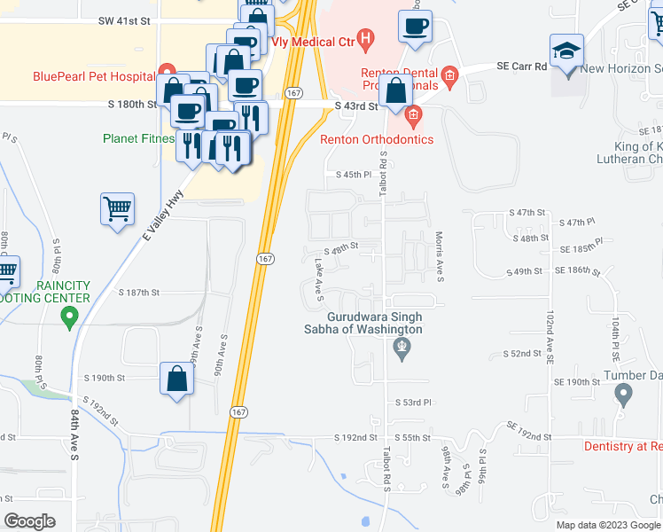 map of restaurants, bars, coffee shops, grocery stores, and more near 212 South 49th Street in Renton