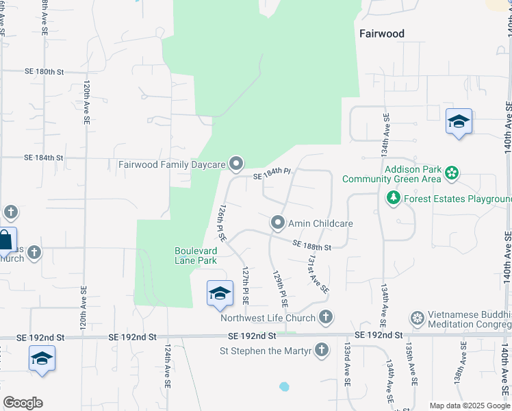 map of restaurants, bars, coffee shops, grocery stores, and more near 12804 SE 186th Pl in Renton