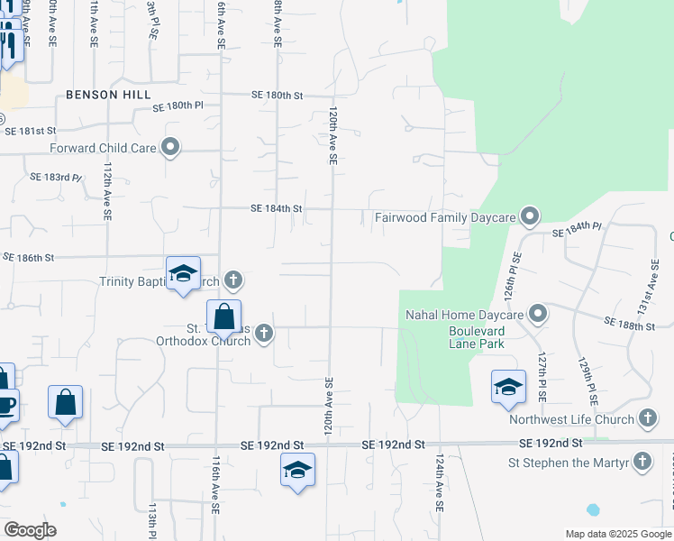 map of restaurants, bars, coffee shops, grocery stores, and more near 12003 Southeast 186th Street in Renton