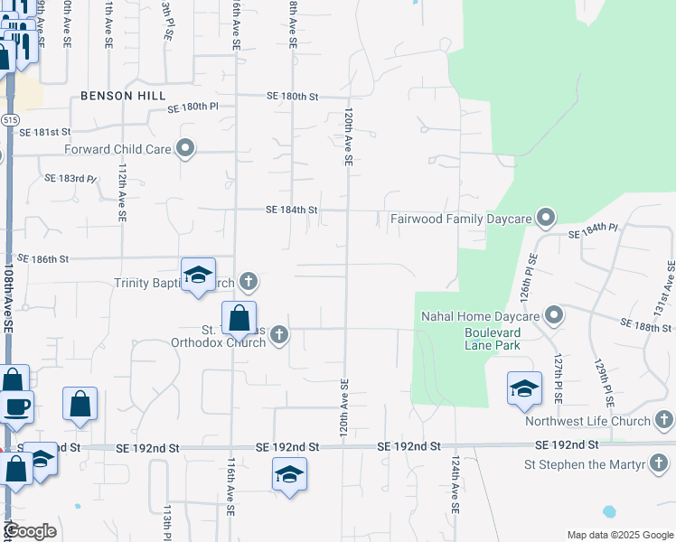 map of restaurants, bars, coffee shops, grocery stores, and more near 12003 Southeast 186th Street in Renton