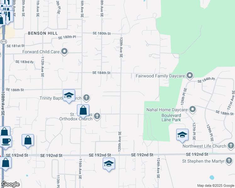 map of restaurants, bars, coffee shops, grocery stores, and more near 12003 Southeast 186th Street in Renton