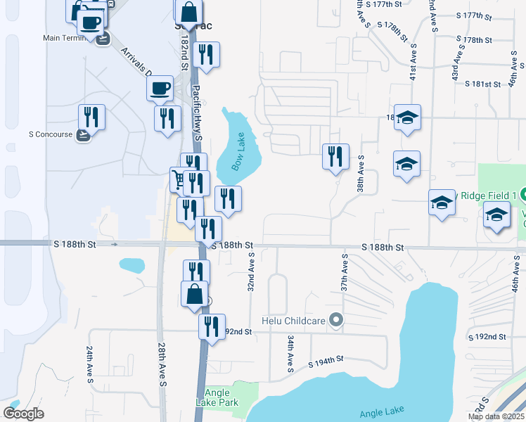 map of restaurants, bars, coffee shops, grocery stores, and more near 3202 South 186th Street in SeaTac