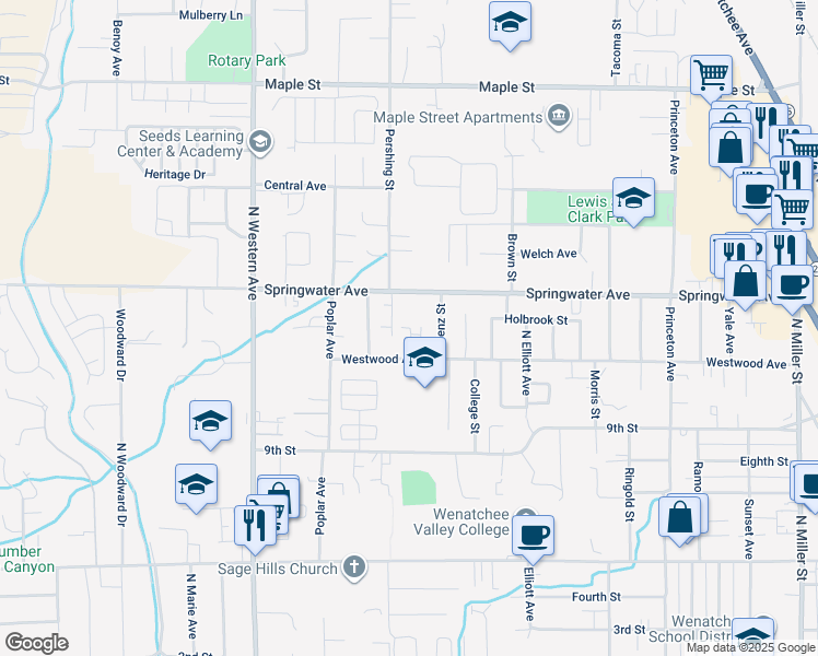 map of restaurants, bars, coffee shops, grocery stores, and more near 1514 Westwood Avenue in Wenatchee