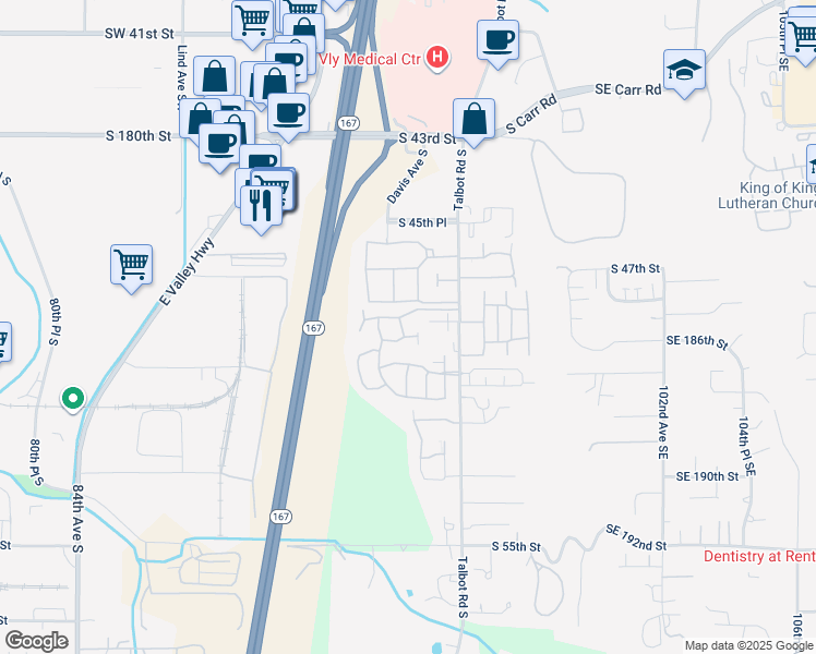 map of restaurants, bars, coffee shops, grocery stores, and more near 4818 Davis Place South in Renton