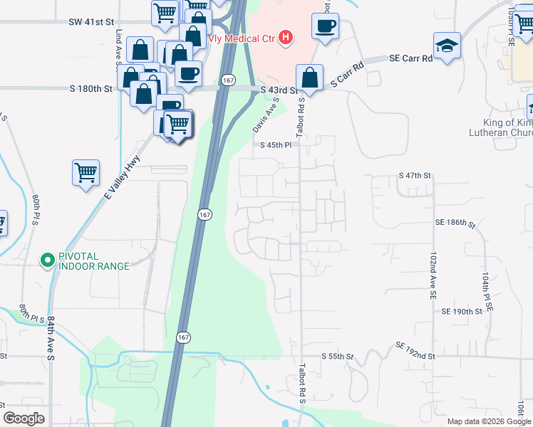 map of restaurants, bars, coffee shops, grocery stores, and more near 4818 Davis Place South in Renton