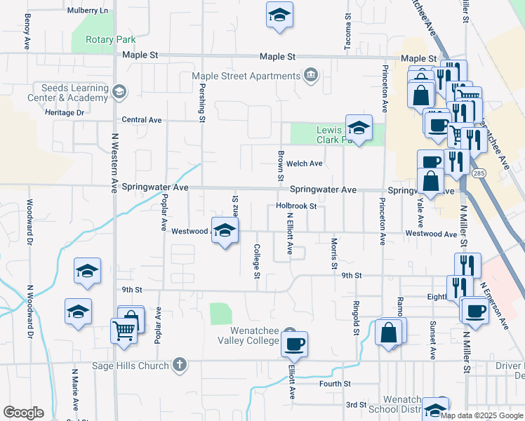 map of restaurants, bars, coffee shops, grocery stores, and more near 1014 Berg Avenue in Wenatchee