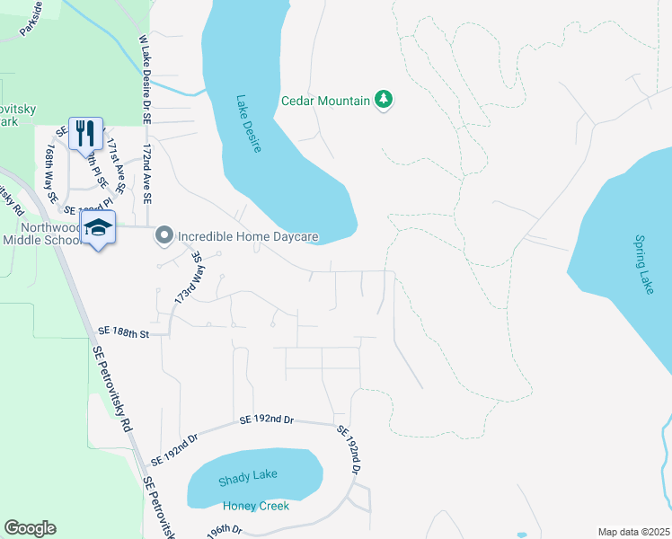 map of restaurants, bars, coffee shops, grocery stores, and more near 18554 West Lake Desire Drive Southeast in Renton