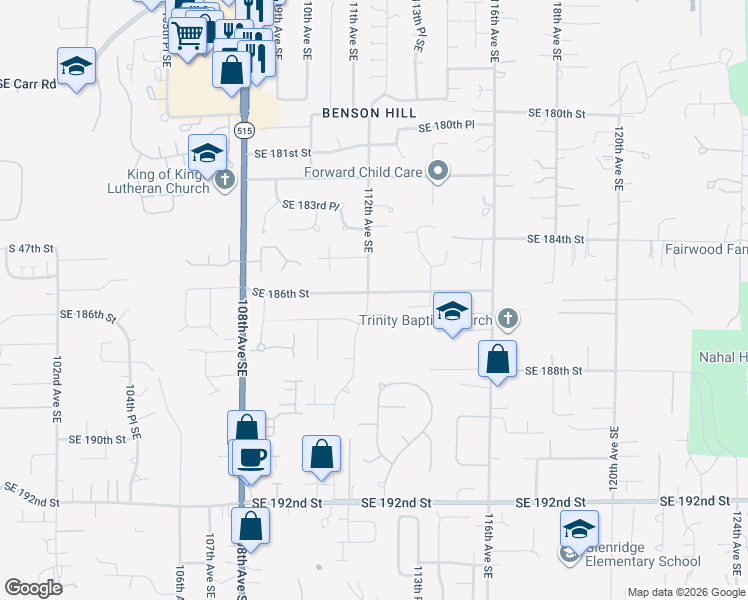 map of restaurants, bars, coffee shops, grocery stores, and more near 11203 Southeast 186th Street in Renton