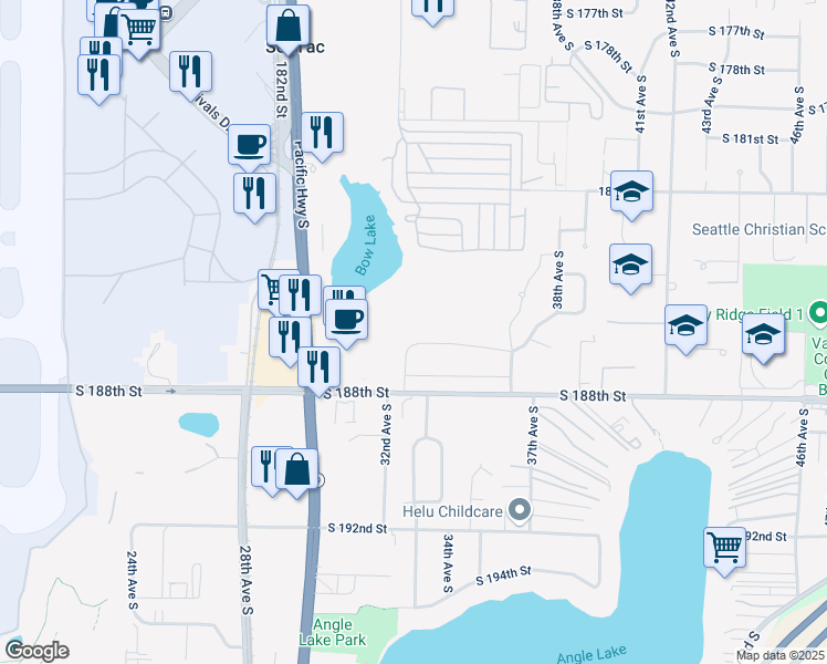map of restaurants, bars, coffee shops, grocery stores, and more near 3202 South 186th Street in SeaTac