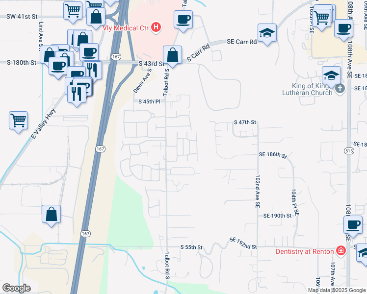 map of restaurants, bars, coffee shops, grocery stores, and more near 4785 Whitworth Place South in Renton