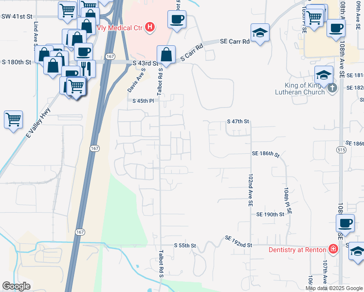 map of restaurants, bars, coffee shops, grocery stores, and more near 4805 Whitworth Place South in Renton