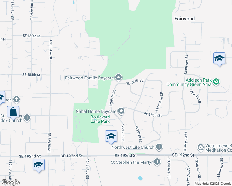 map of restaurants, bars, coffee shops, grocery stores, and more near 12604 Southeast 185th Place in Renton