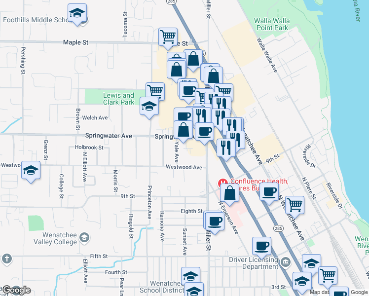 map of restaurants, bars, coffee shops, grocery stores, and more near 1041 Springwater Avenue in Wenatchee