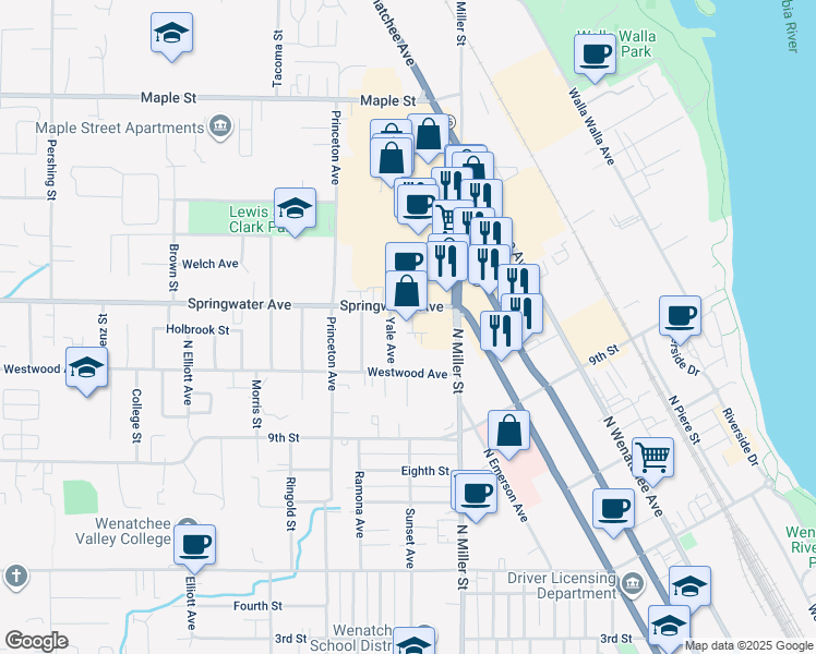 map of restaurants, bars, coffee shops, grocery stores, and more near 1041 Springwater Avenue in Wenatchee