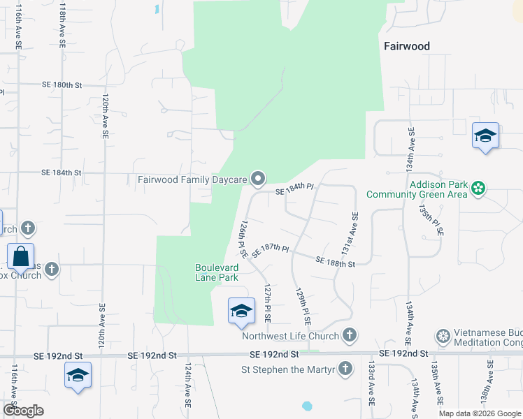 map of restaurants, bars, coffee shops, grocery stores, and more near 12604 Southeast 185th Place in Renton