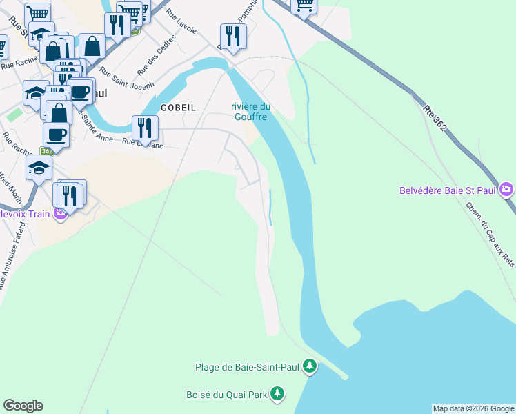 map of restaurants, bars, coffee shops, grocery stores, and more near 152 Rue-Sainte Anne in Baie-Saint-Paul