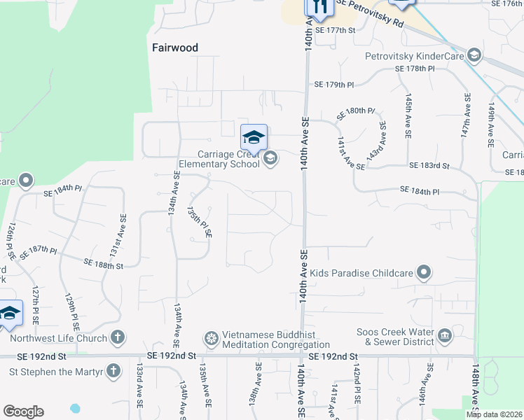 map of restaurants, bars, coffee shops, grocery stores, and more near 13724 Southeast 185th Way in Renton