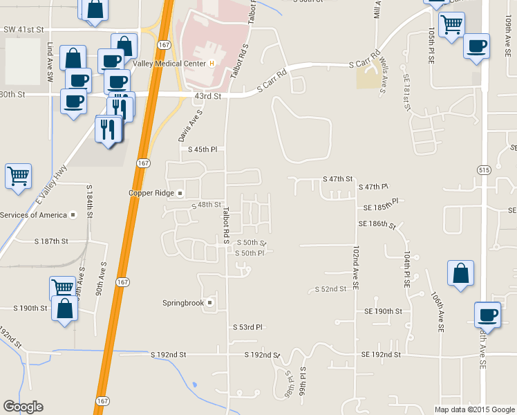 map of restaurants, bars, coffee shops, grocery stores, and more near 4785 Whitworth Place South in Renton