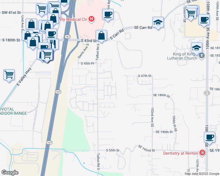 map of restaurants, bars, coffee shops, grocery stores, and more near 4785 Whitworth Place South in Renton