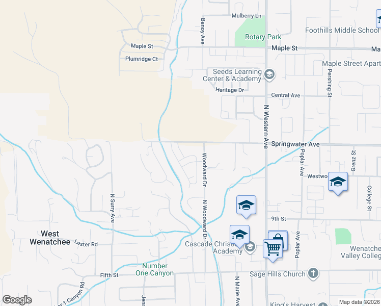 map of restaurants, bars, coffee shops, grocery stores, and more near 985 Spring Mountain Drive in Wenatchee
