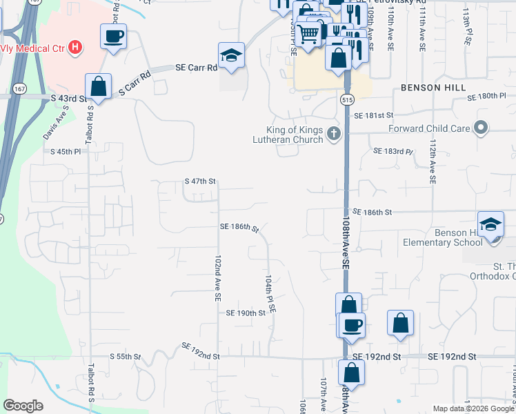 map of restaurants, bars, coffee shops, grocery stores, and more near 10418 Southeast 186th Place in Renton