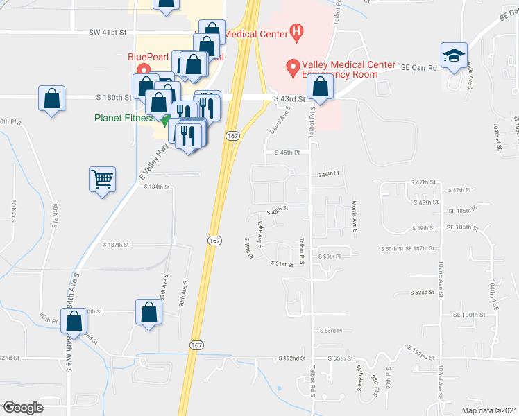 map of restaurants, bars, coffee shops, grocery stores, and more near 212 South 49th Street in Renton