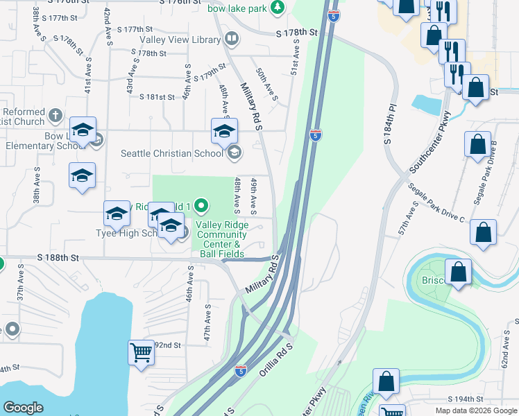 map of restaurants, bars, coffee shops, grocery stores, and more near 18602 48th Place South in SeaTac